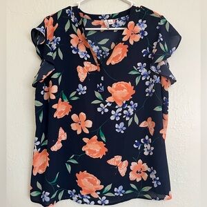 ELLE Navy Floral Butterfly Blouse XL Coral